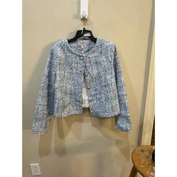 Nanette Lepore Tweed Elegant Blue Women's Pearl Button Blazer Jacket Size Large - Image 3
