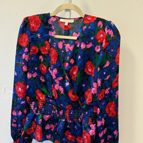 WAYF Floral Wrap V-Neck Smocked Peplum Blouse Long Sleeve Blue Red Small - Image 3