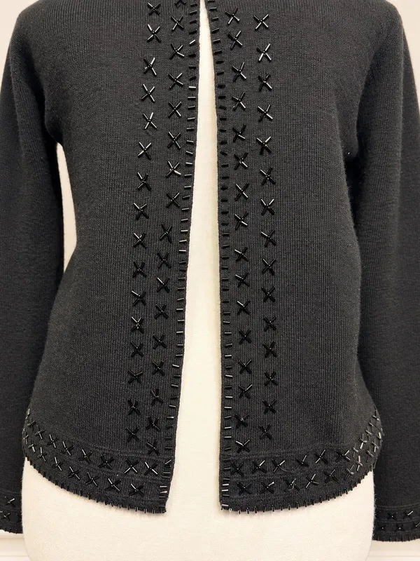 Valerie Stevens 100% Merino Wool Beaded Evening Cardigan Black Vintage 90s Knit - Image 3