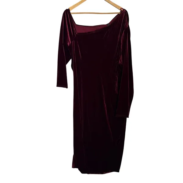 Universal Standard Wine Red Velvet Asymmetrical Off Shoulder Long Sleeve Dress L - Image 8