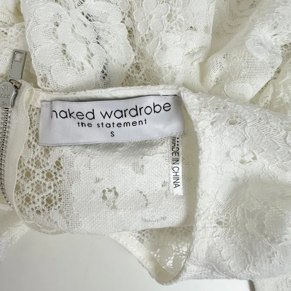 NEW Naked Wardrobe The Statement Lace Blouse Long Puff Sleeve Ivory Romantic S - Image 10