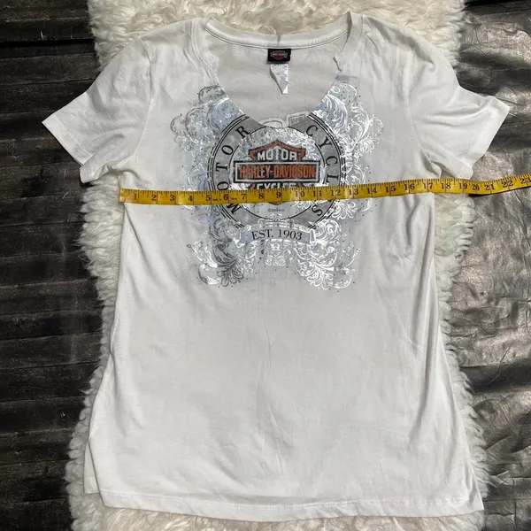 Harley Davidson White Graphic Tee Shirt Silver Floral Print Big Barn Carnival - Image 6
