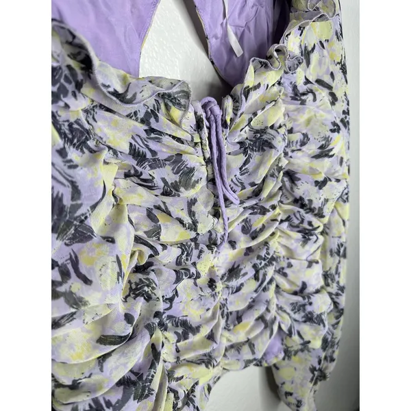 Free People Floral Ruched Blouse Womens Medium Long Sleeve Lace Up Smocked Back - Image 2