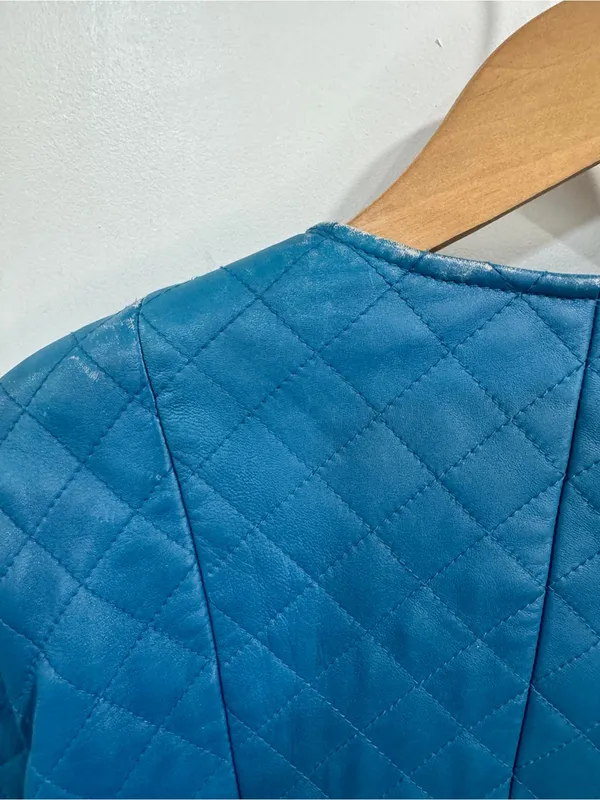 VTG Newport News Quilted Leather Jacket Size 6 Blue Collarless Zip Front - Image 12