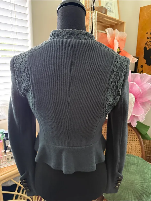 Free People We The Free Victorian Lace Gray Ribbed Peplum Military Band Jacket - Image 2