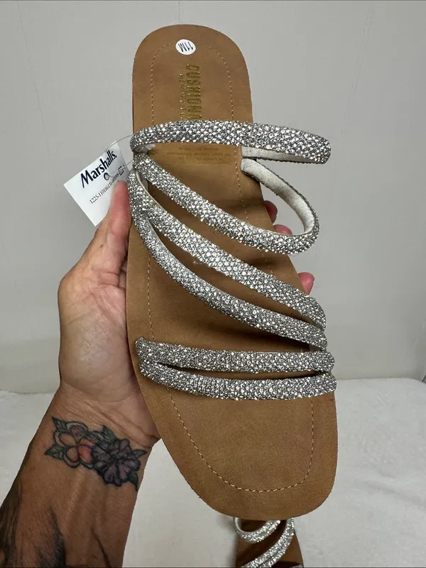 Cushionaire Silver Rhinestone Multi-Strap Slide Sandals - Women - Image 3