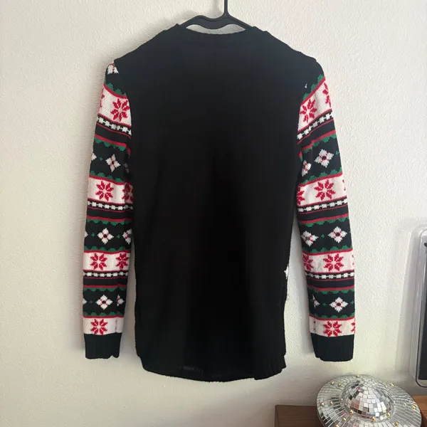 No Boundaries Black Santa Riding Unicorn Ugly Christmas Sweater Pom Poms Medium - Image 8
