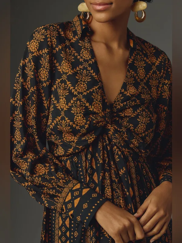 Farm Rio Long-Sleeve‎ V-Neck Printed Tie Front Midi Dress Womens Size XXS - Image 3