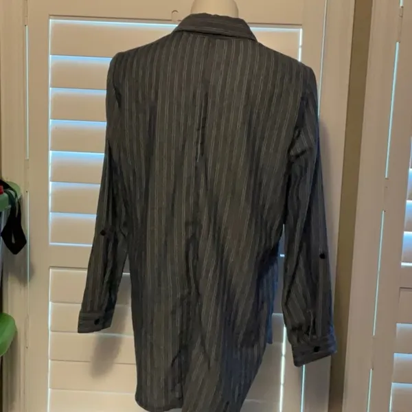 Unique Spectrum Gray Striped Button Down Shirt with Red Floral Embroidery - Image 4