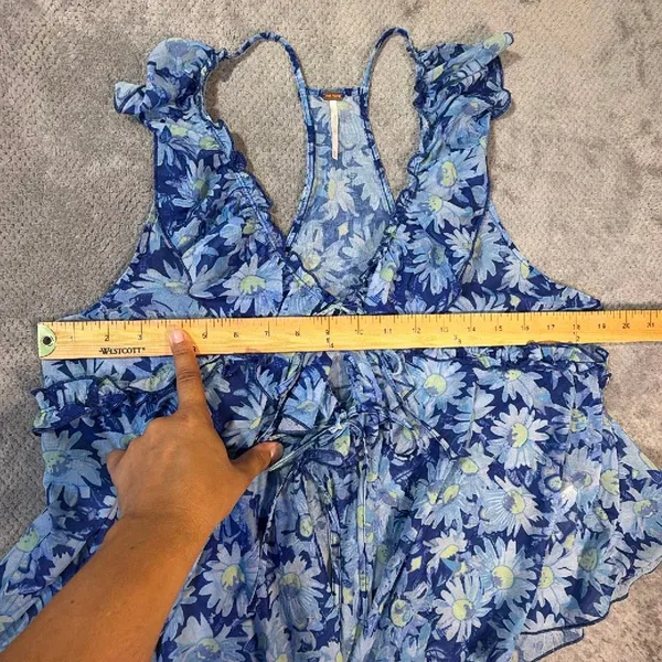 Free People Fearless Tank Blouse Blue Floral Ruffle Tie Front Sheer Peplum Med # - Image 9