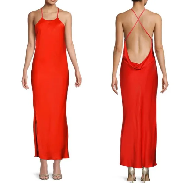 Bardot Mila High Jewel Neck Cowl Back Satin Slip Dress in Fire Red Size‎ 2 - Image 2