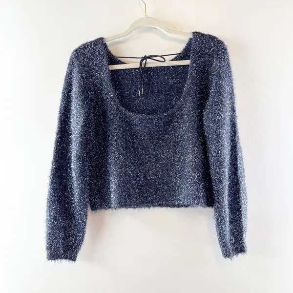 Anthropologie Long Sleeve Scoop Back Eyelash Sweater Navy Blue Small - Image 6