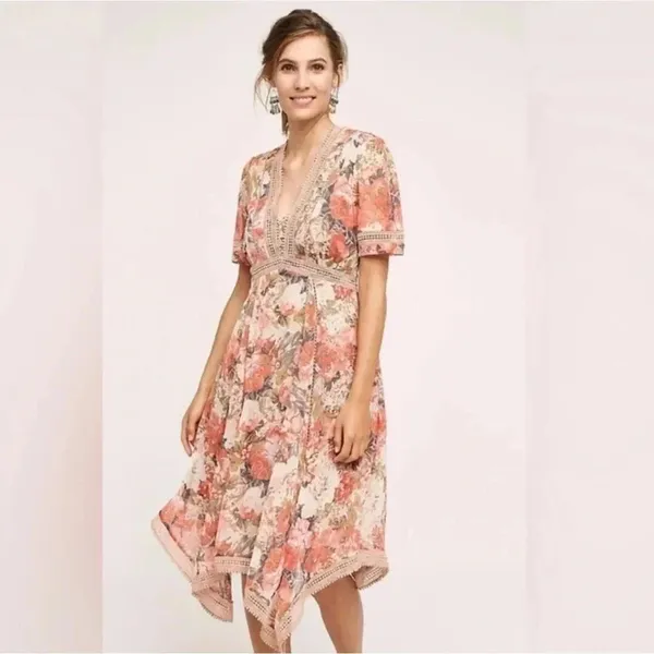 Ranna Gill Dress Floral V-Neck Embroidered Flowy Brown Rose Boutique Size 8 - Image 3