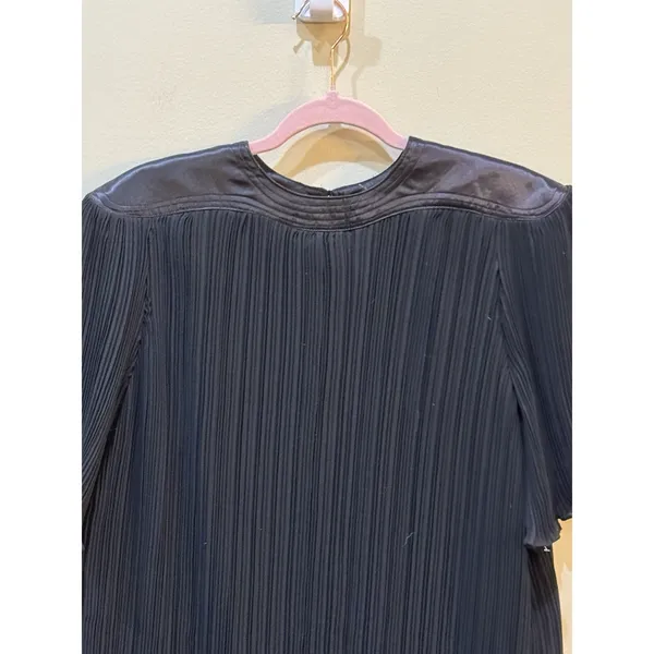 Vintage Black Pleated Layered Tiered Midi Dress With Satin Trim Size‎ 18 - Image 4