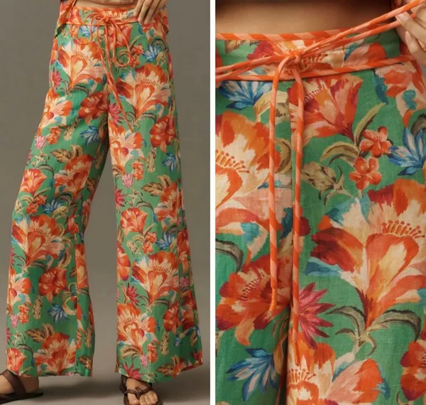 Farm Rio Tie-Front Linen Blend Floral Wide-Leg Pants, Size S - Image 2