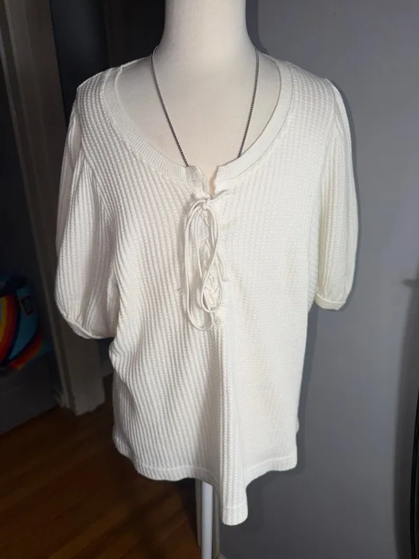 Free People Ivory Lace-Up Ribbed Short Sleeve Top - Image 4