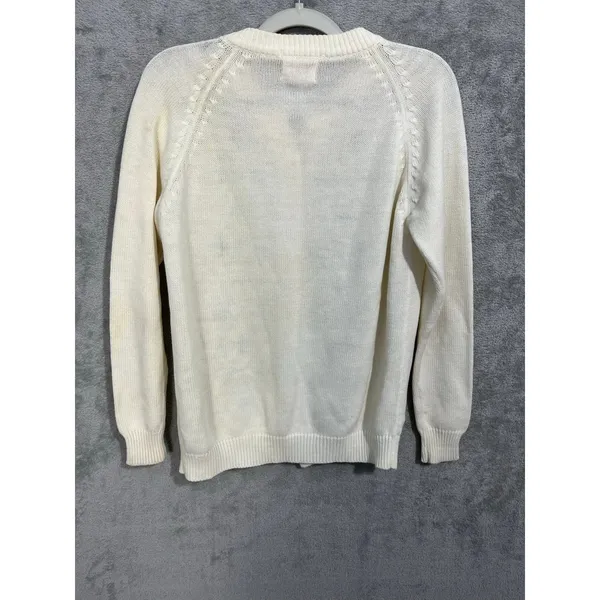 VTG Superbly Cardigan Sweater Large Ivory Embroidered Roses Cottage Core - Image 7