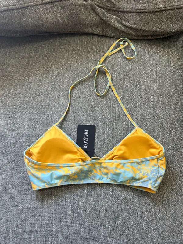 Icon Swim Yellow & Light Blue Marble String Bikini Top | Size Large (New) - Image 2