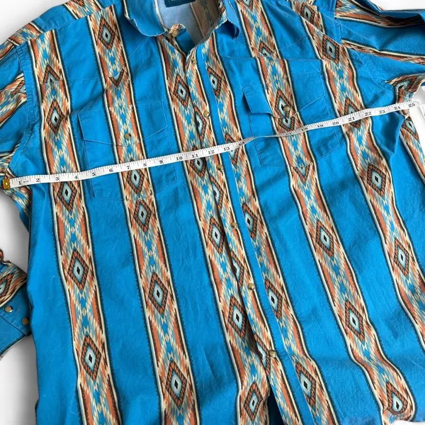Wrangler Vintage Aztec Brushpopper Navajo Western Cowboy Shirt Turquoise Blue Pearl Snap Rodeo 90s Men XL - measurement in pics - Image 4