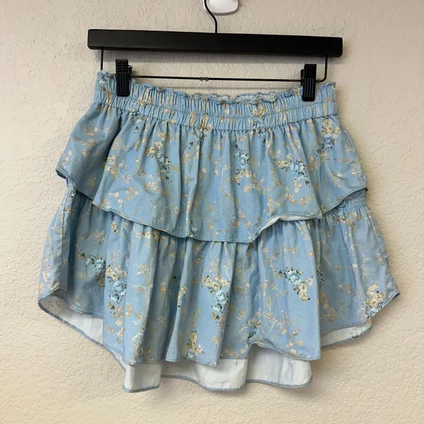 LoveShackFancy Dim Star Floral Tiered Mini Skirt Blue Size Small - Image 3