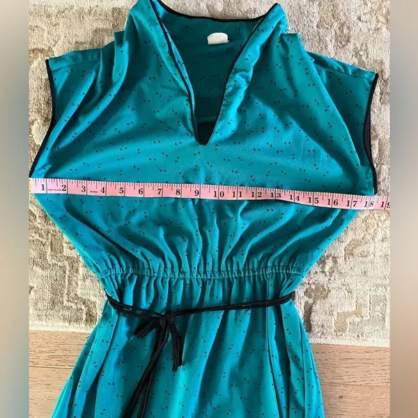 Vintage 70s Teal Mod Dress Abstract Print Cinched Waist Small - Image 8