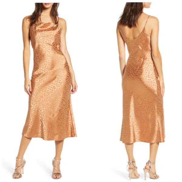 J.O.A Tonal Leopard Print Cowl Neck Slip Midi Dress NEW Date - Image 2