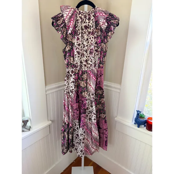Ulla Johnson Asis Midi Dress Cotton Silk Batik Floral Tiered Purple Fuchsia 0 - Image 3