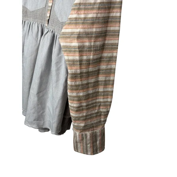 Dress Up Mixed Print Button Down Top Women Small‎ Blue Peplum Striped Plaid Boho - Image 5