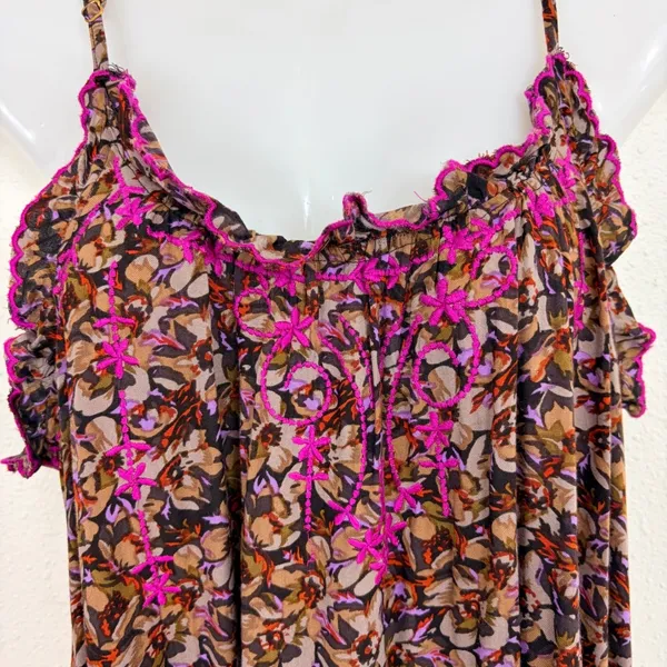 Natural Life Womens XS/S Floral Tiered Midi Dress Pink Embroidered Pockets Brown - Image 4