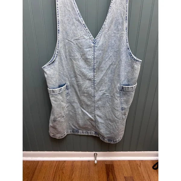 Aerie Womens XL Light Wash Denim Pinafore Dress Acid Wash V-Neck Mini Jumper - Image 4