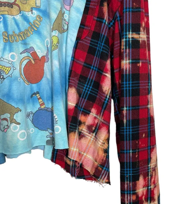 Custom Rework Beatles Bleached Plaid Flannel Sleeve Top M/L Oversized Cropped - Image 4