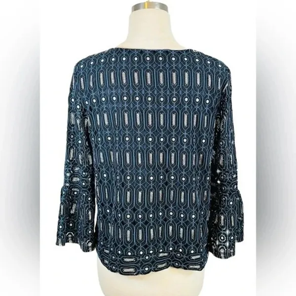 LOFT‎ Navy Blue Geometric Lace Bell Sleeve Blouse Top Small Romantic Feminine - Image 2