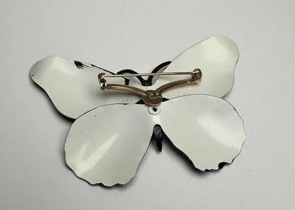 Large Rhinestone Butterfly Insect Enameled Metal Brooch Pin Enamel Black White - Image 12
