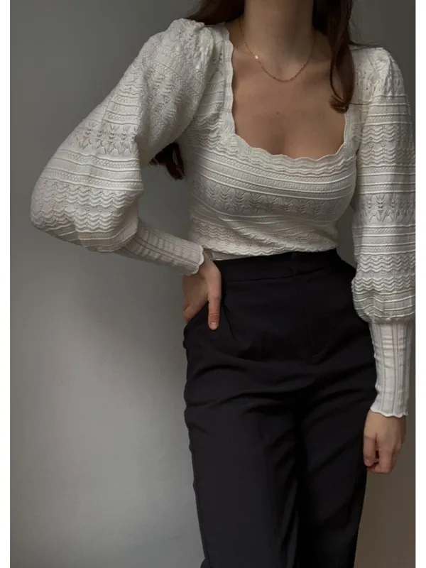 Sézane NWT La Maille Ronnie in Ecru Textured Pointelle Knit Sweater Top XS - Image 12