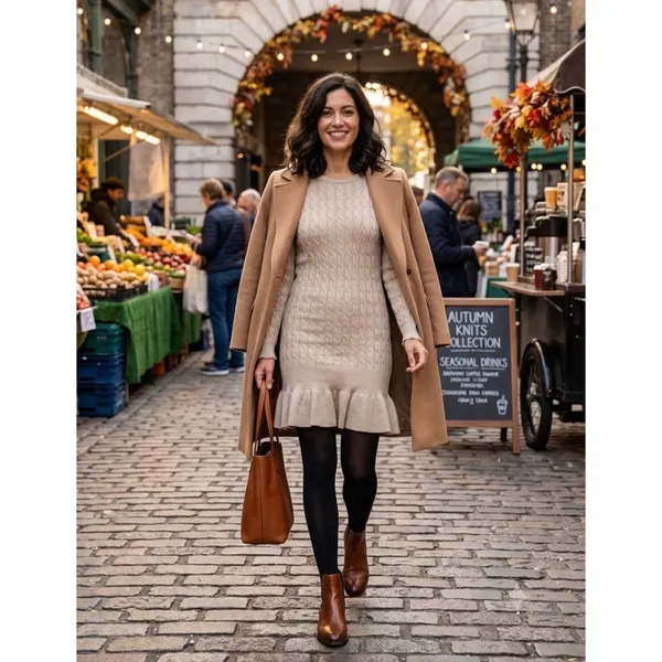 Beige Cable Knit Ruffle Hem Long Sleeve Sweater Dress - Image 4