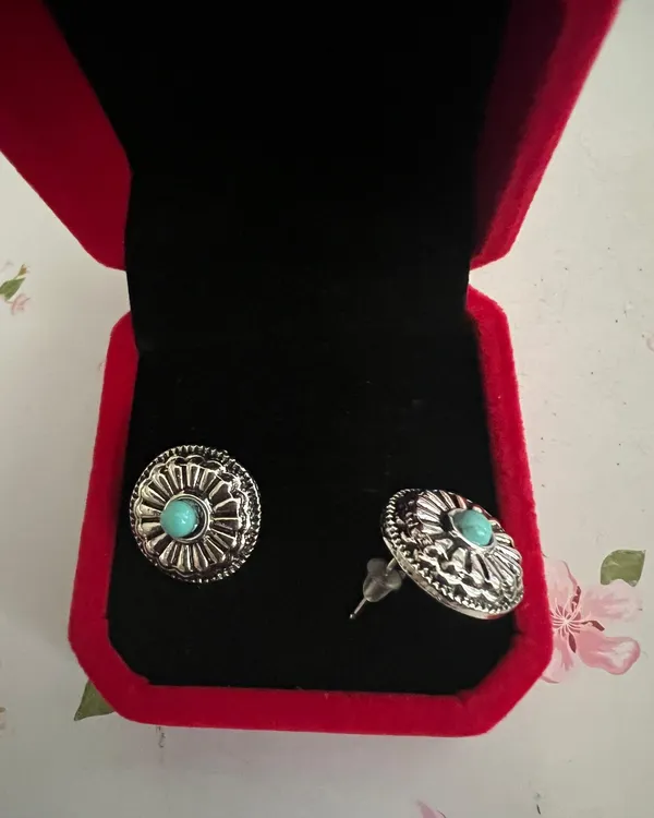 Women’s Stainless Steel Silver Faux Turquoise Stud Earrings - Image 3