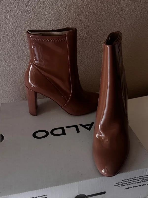 Patent Leather Nude Mid-Calf Block Heel Boots - Women - Image 9