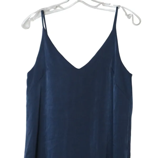 Aqua Satin Tunic Mini Dress, V-Neck Flowy Spaghetti Straps, Party Navy Blue XS - Image 3