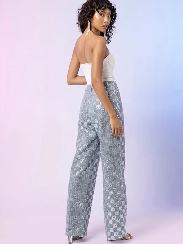 Line & Dot Blue Checkered Sequin Wide-Leg Pants - Image 2