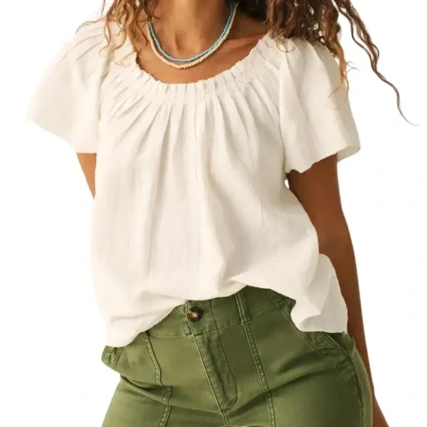 Faherty linen Annabelle top blouse short sleeve embroidered peasant textured - Image 8