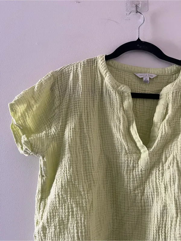 Lucky Brand Green 100% Gauze Cotton Waffle Knit Top Small Coastal Summer Beach - Image 3