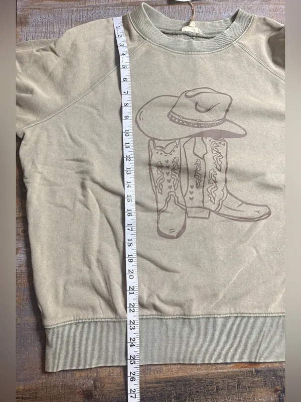 easel Olive Green Crewneck Sweatshirt with Cowboy Hat & Boots Graphic - Image 8