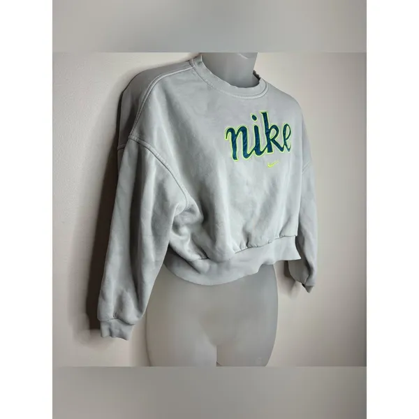 Nike off White Cropped Crew Sweatshirt Neon Green Navy logo spell out medium - Image 2