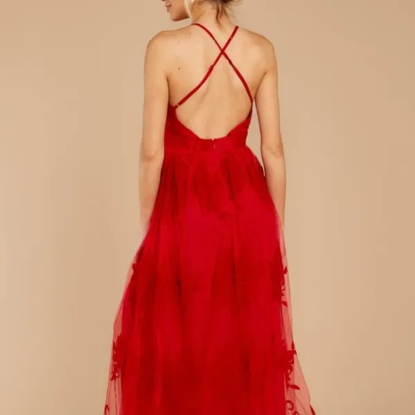 Applique Plunge Maxi Dress floral mesh slits womens Red (medium) formal party - Image 7