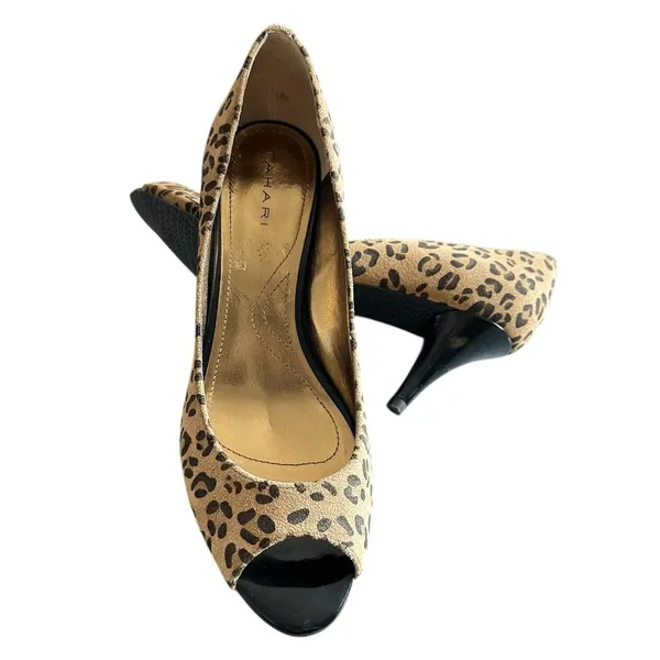 Elie Tahari Peep Toe Heels Pumps Leopard‎ Animal Print Suede High Heel - Image 4