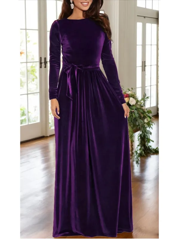 NEW Velvet Maxi Dress Crew Neck Long Sleeve High Waist Belted L - Image 4