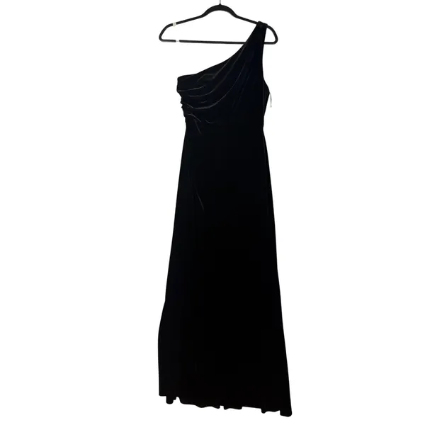 Azazie Black Velvet One Shoulder Maxi Dress Gown‎ Women Size A8 Ruched Formal - Image 2