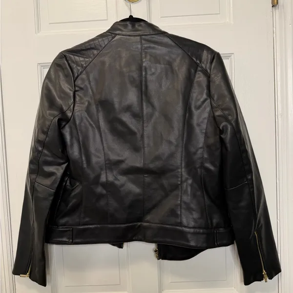 Cole Haan Signature Faux Leather Quilted Biker Jacket Black‎ Gold Size Medium - Image 7
