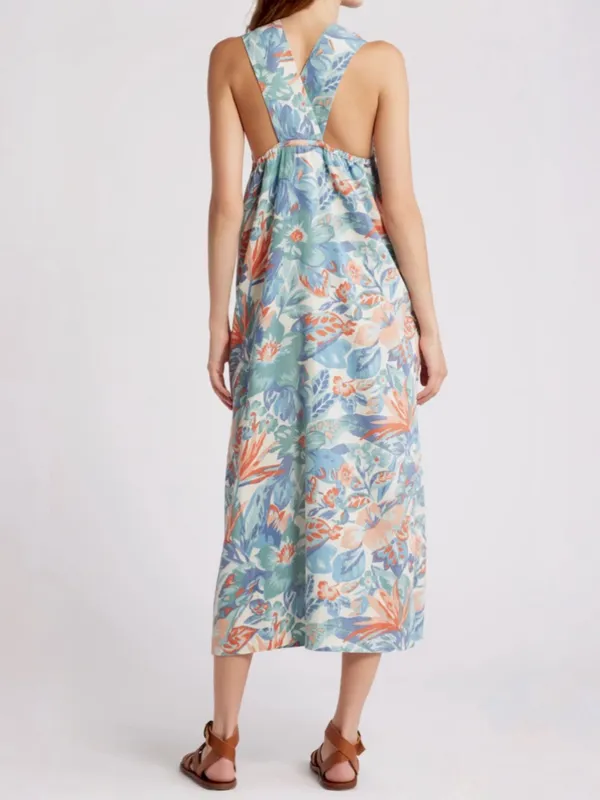 Faherty Bay Twist Seersucker Halter Midi Dress Floral Pastel Blue & Coral Sz XL - Image 2