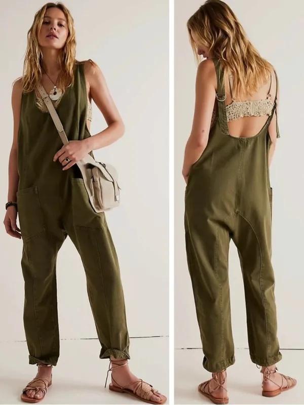 Free People High Roller Jumpsuit in Moss Stone Size Small Denim Overalls Harem - Image 2